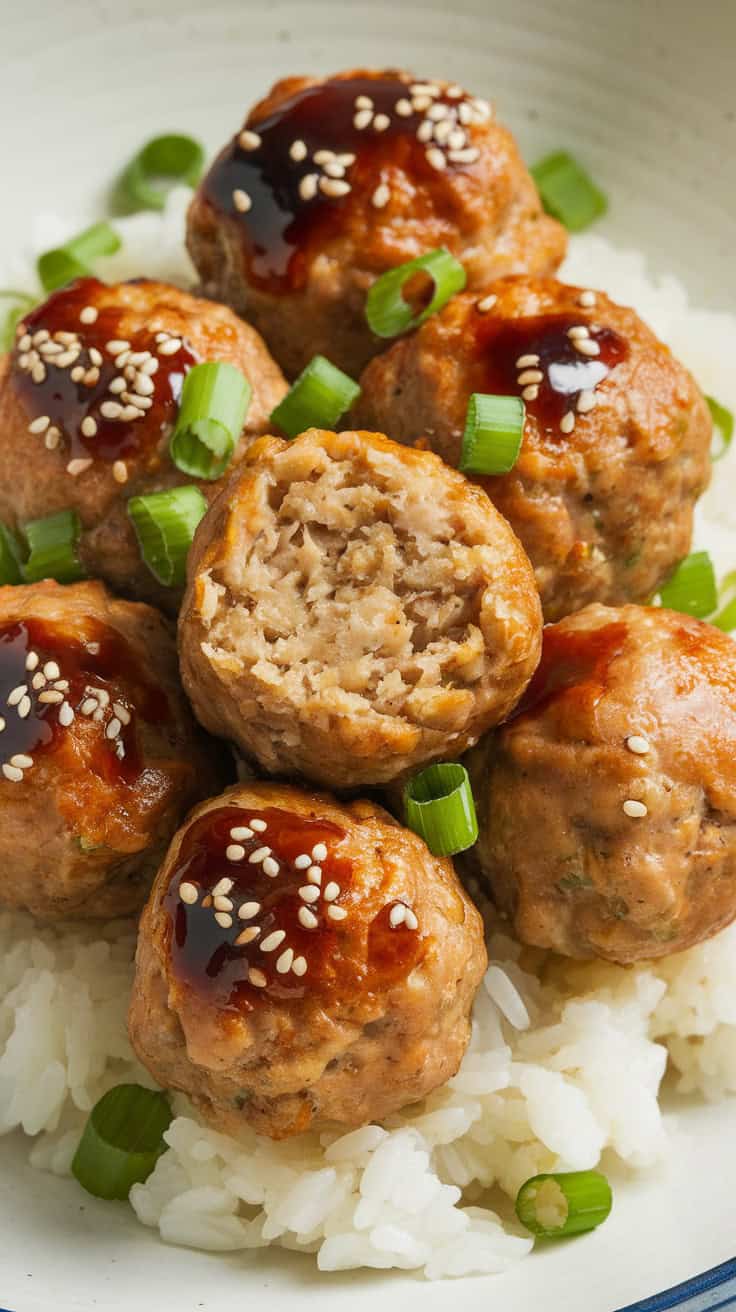 Asian-style meatballs on rice, topped with sauce and sesame seeds