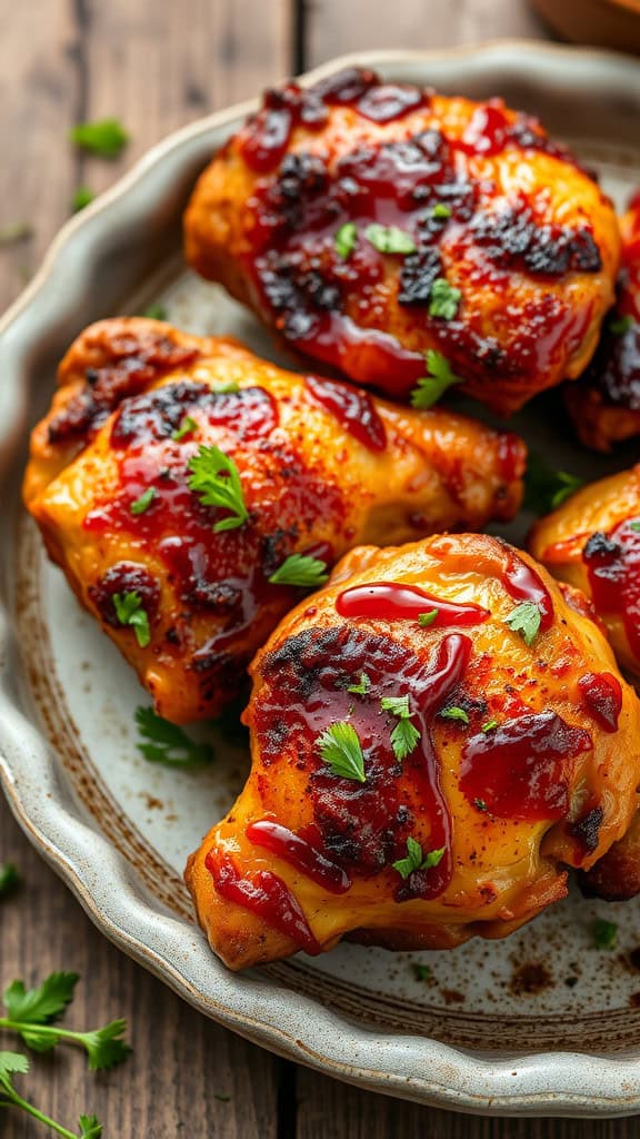 Deliciously cooked BBQ chicken thighs garnished with cilantro on a plate.