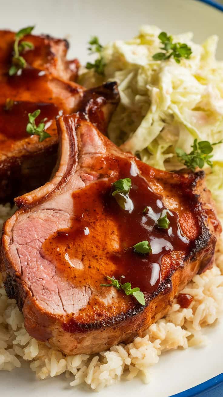 Delicious air fryer BBQ pork chops served with rice and coleslaw.