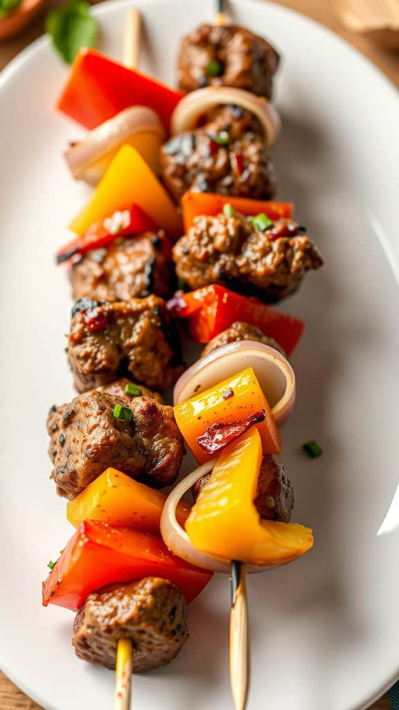 Plate of grilled beef kabobs with colorful bell peppers and onions