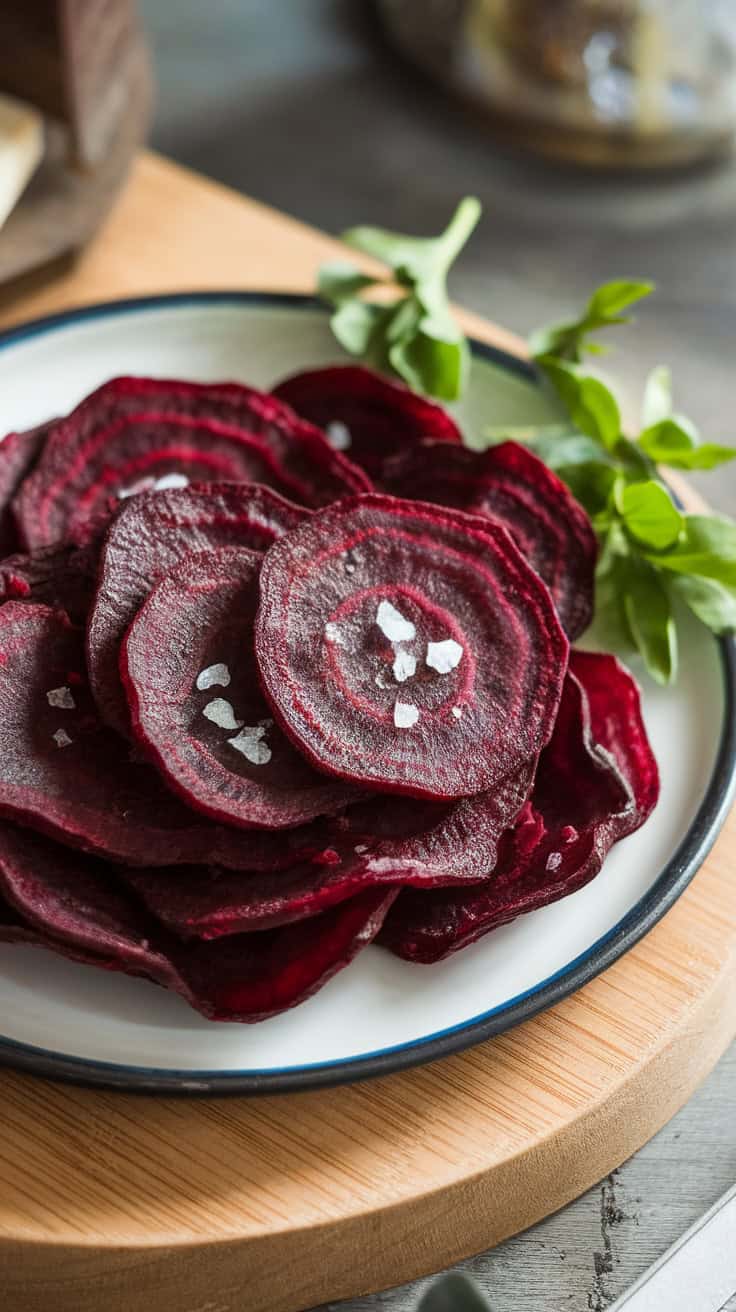 Plate of crispy air fryer beet chips garnished with fresh herbs.