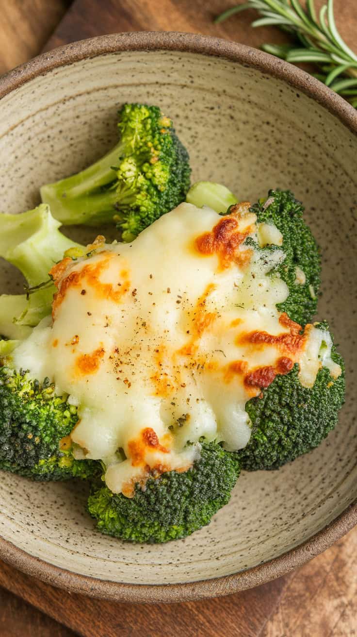 Bowl of air fryer broccoli topped with melted Parmesan cheese