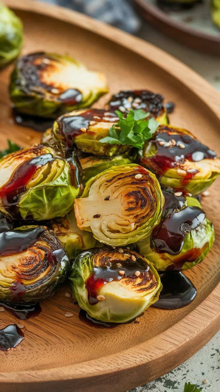 Plate of roasted Brussels sprouts drizzled with balsamic glaze