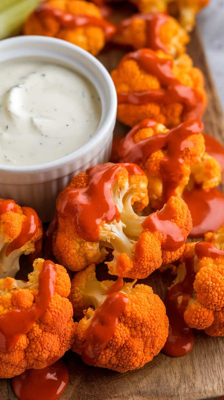 Vibrant orange cauliflower bites drizzled with buffalo sauce next to a bowl of creamy dipping sauce