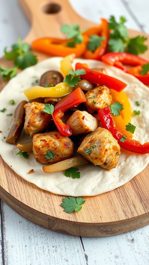 Delicious chicken fajitas with colorful peppers on a tortilla