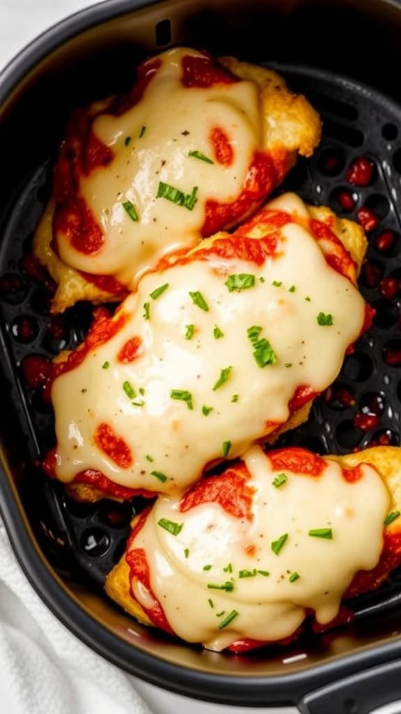 Plate of air fryer chicken Parmesan with pasta on the side.