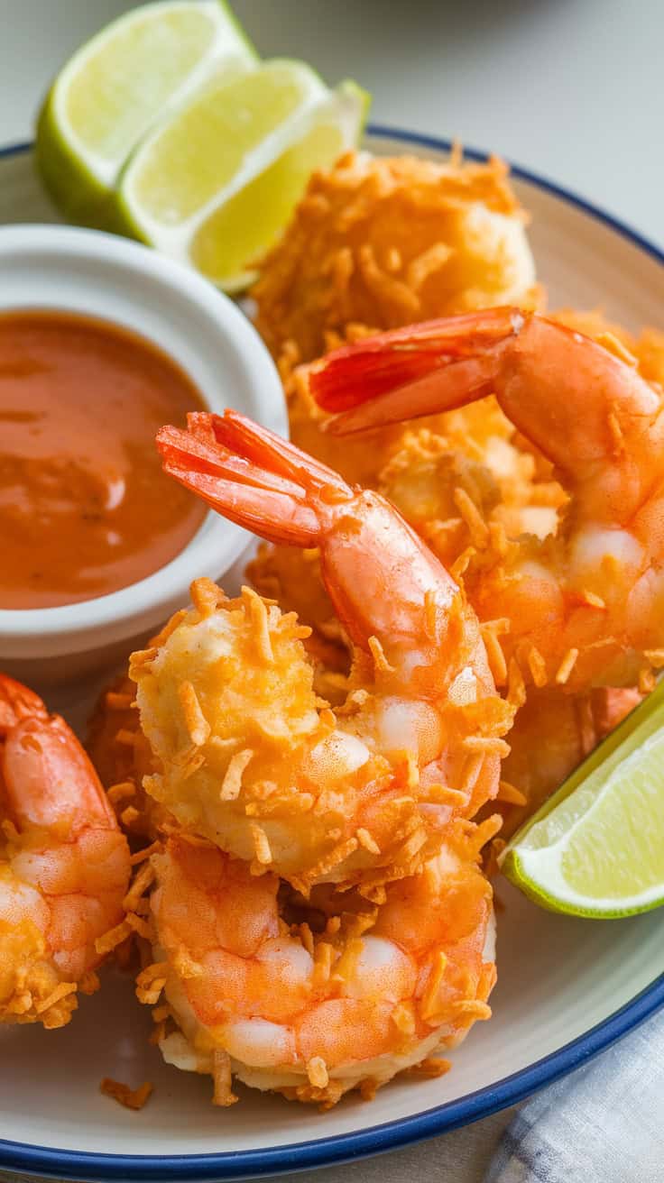 Plate of coconut shrimp with dipping sauce and lime wedges