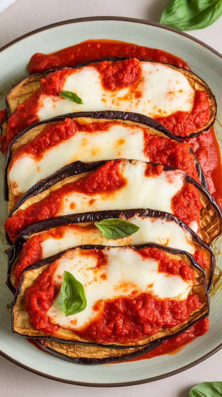 A serving of Air Fryer Eggplant Parmesan with marinara sauce and mozzarella cheese, garnished with fresh basil.