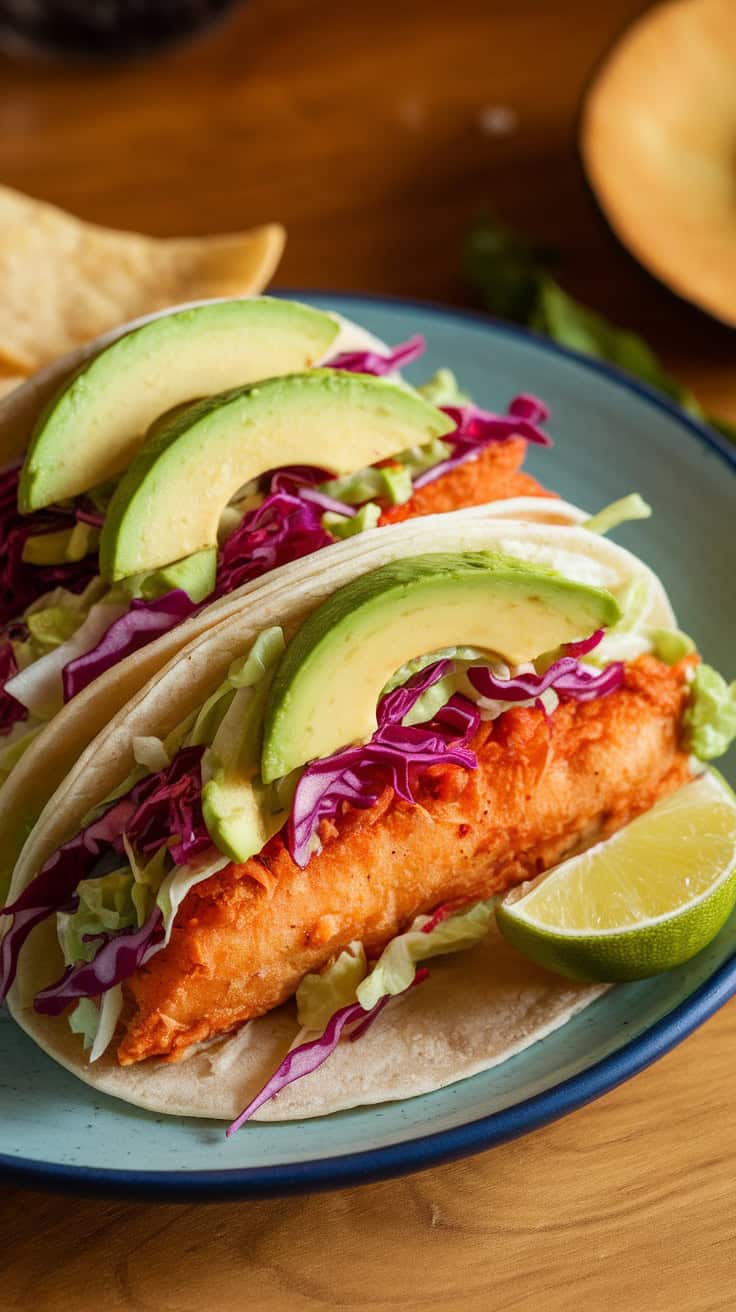 Three fish tacos filled with cabbage slaw and avocado slices on a blue plate with lime.