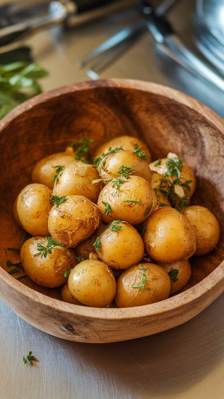 Bowl of garlic herb potatoes garnished with fresh herbs