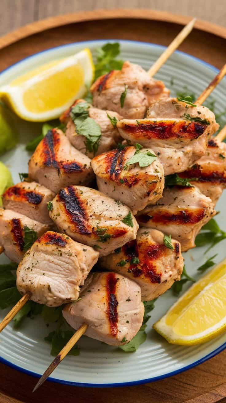 A plate of grilled chicken skewers with lemon wedges and greens