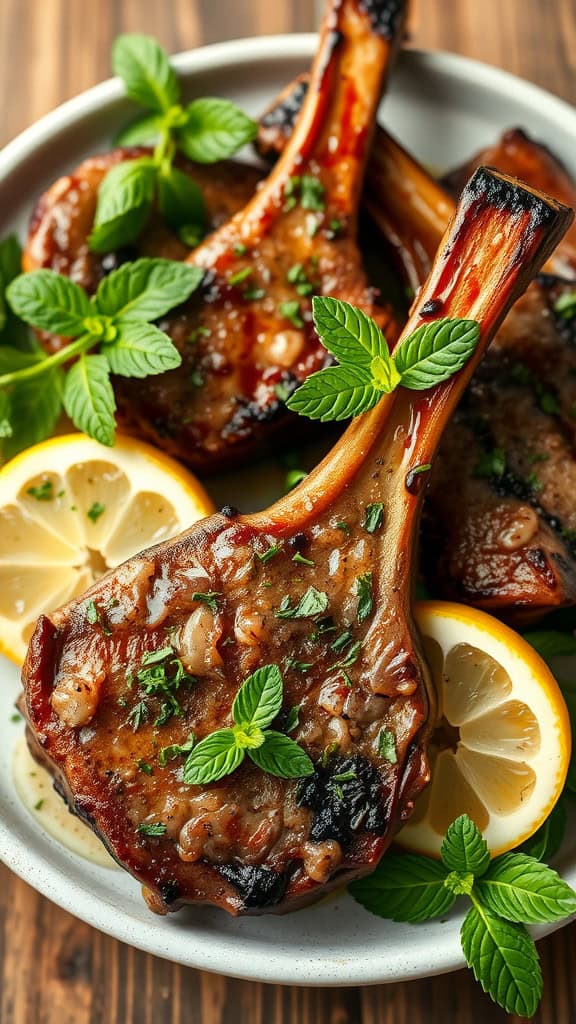 Deliciously cooked Greek lamb chops garnished with mint and lemon