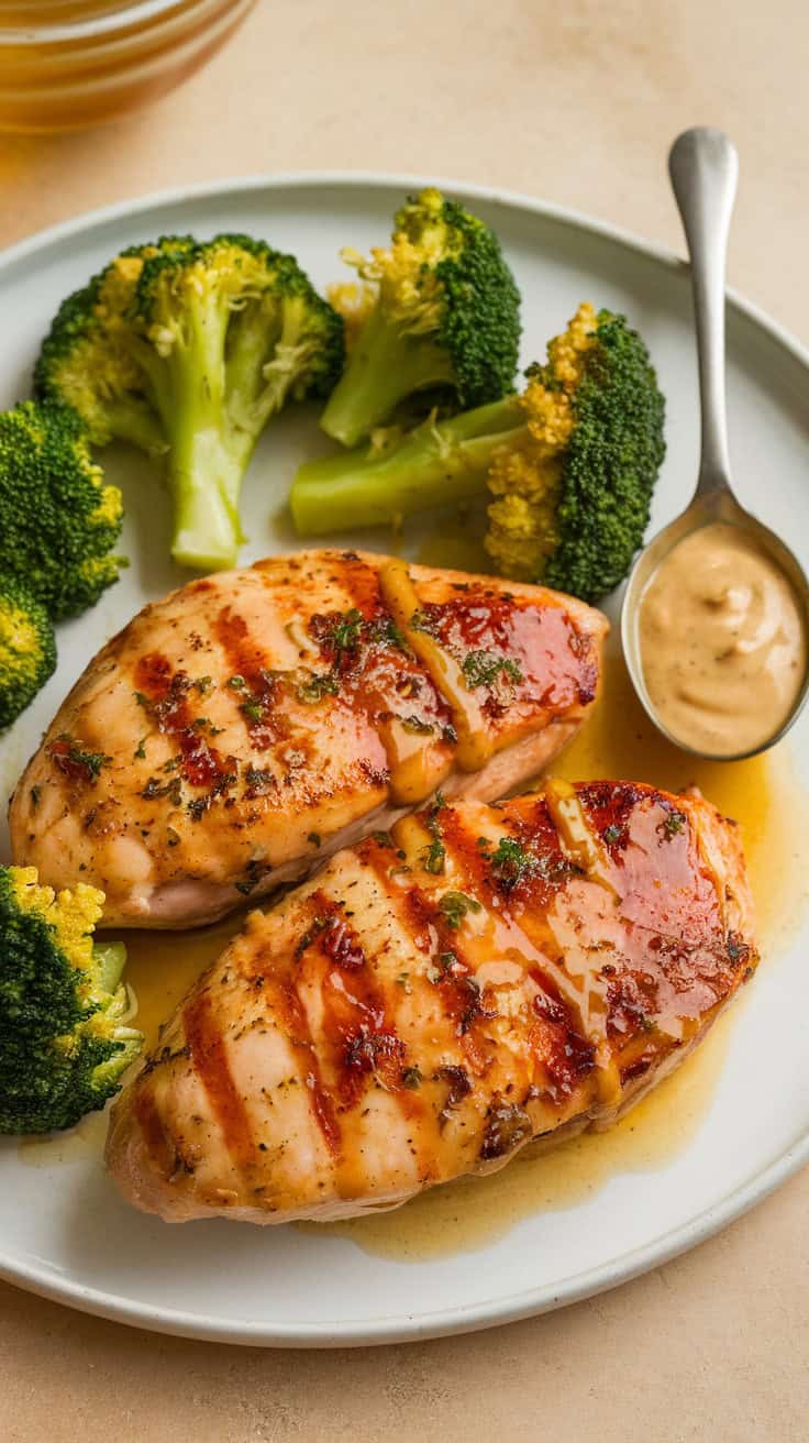 Grilled honey mustard chicken breast with broccoli on a plate