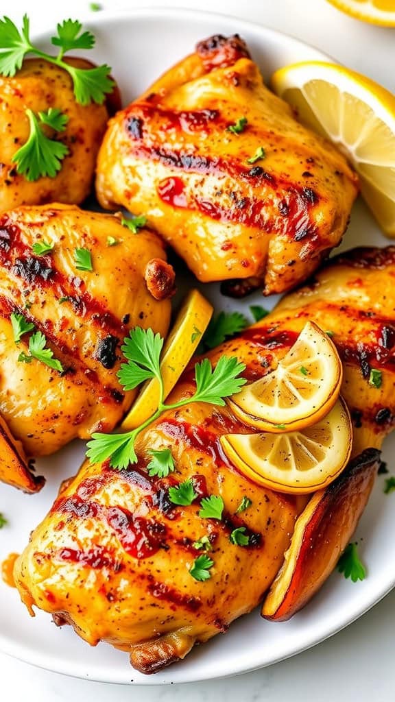 Golden brown air fryer lemon garlic chicken garnished with parsley and lemon slices