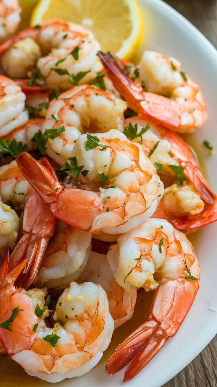 A plate of lemon garlic shrimp garnished with parsley and lemon slices.