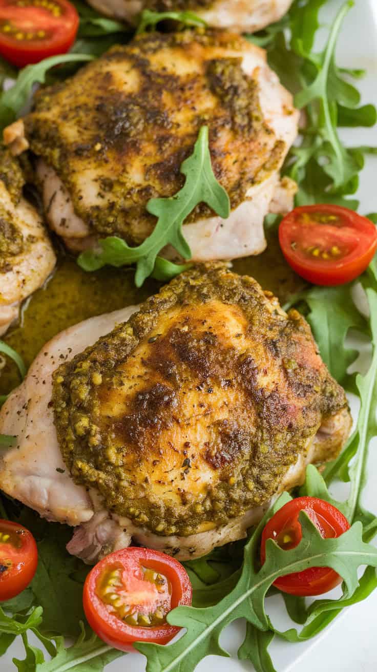 Air Fryer Pesto Chicken Thighs served on a bed of arugula with cherry tomatoes