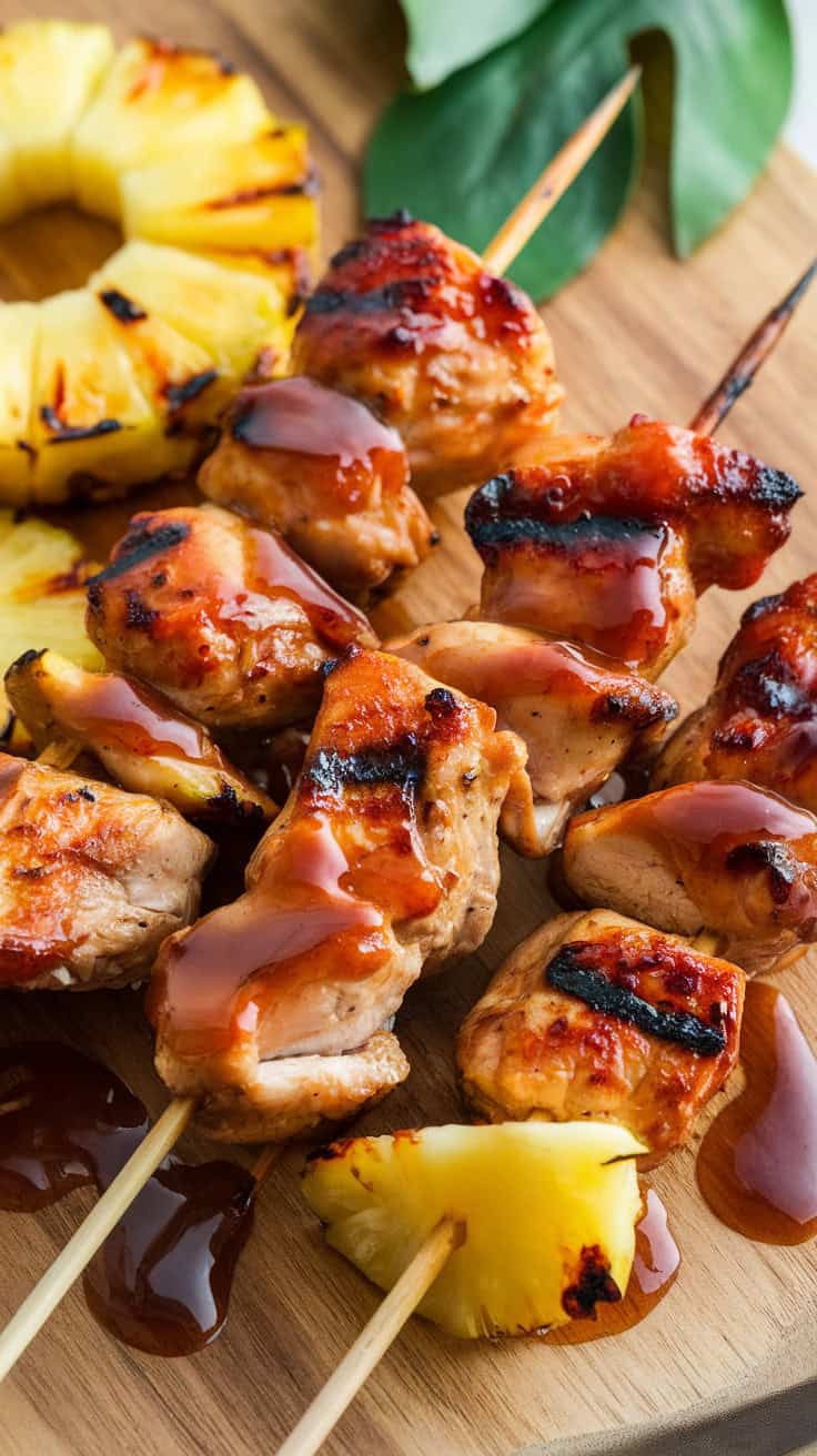 Air Fryer Pineapple Chicken Skewers with grilled chicken and pineapple on a wooden board