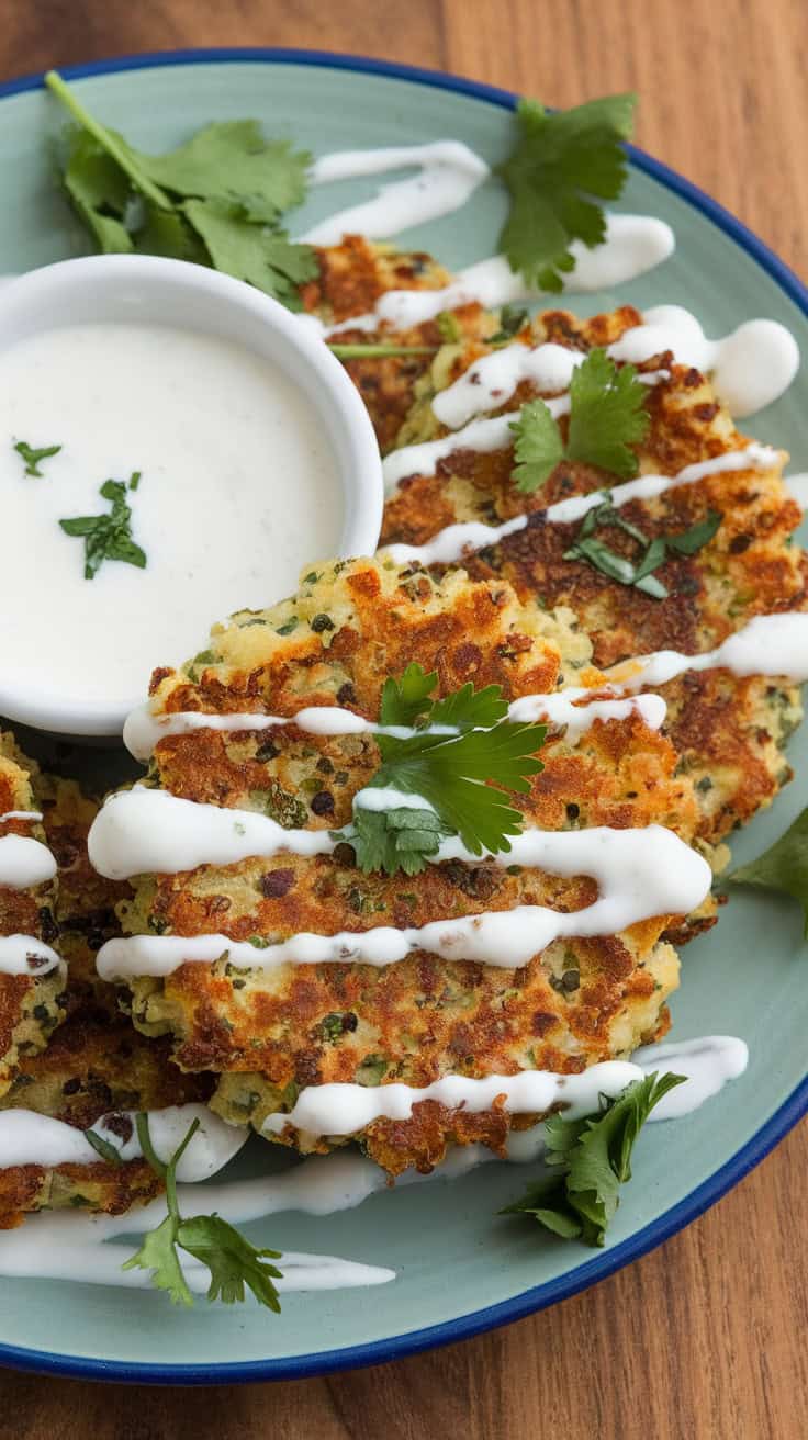 Crispy quinoa fritters on a blue plate with a creamy dipping sauce and cilantro garnish.