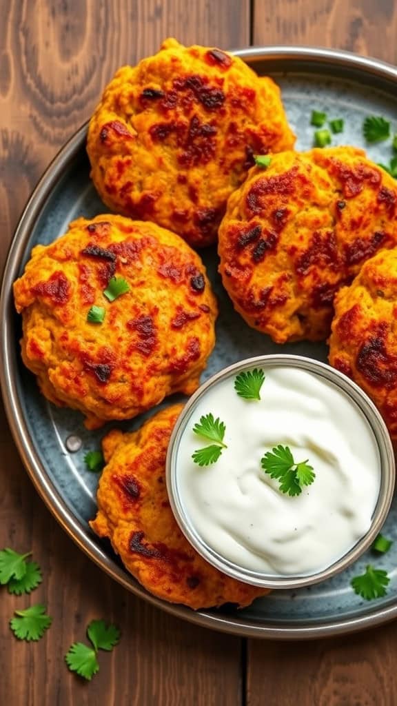 Plate of golden brown spicy chickpea patties with a bowl of creamy dip and cilantro garnish