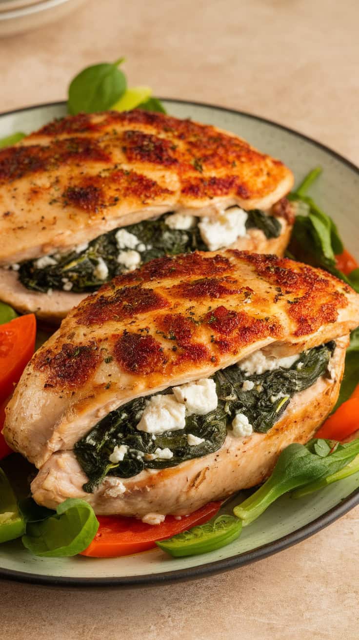 Air fryer spinach and feta stuffed chicken served on a plate with fresh greens and sliced peppers.