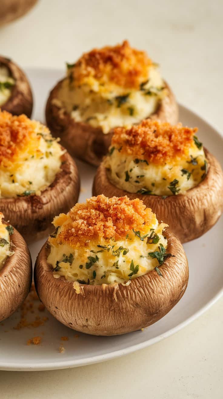 Plate of golden-brown stuffed mushrooms topped with crispy breadcrumbs and fresh herbs