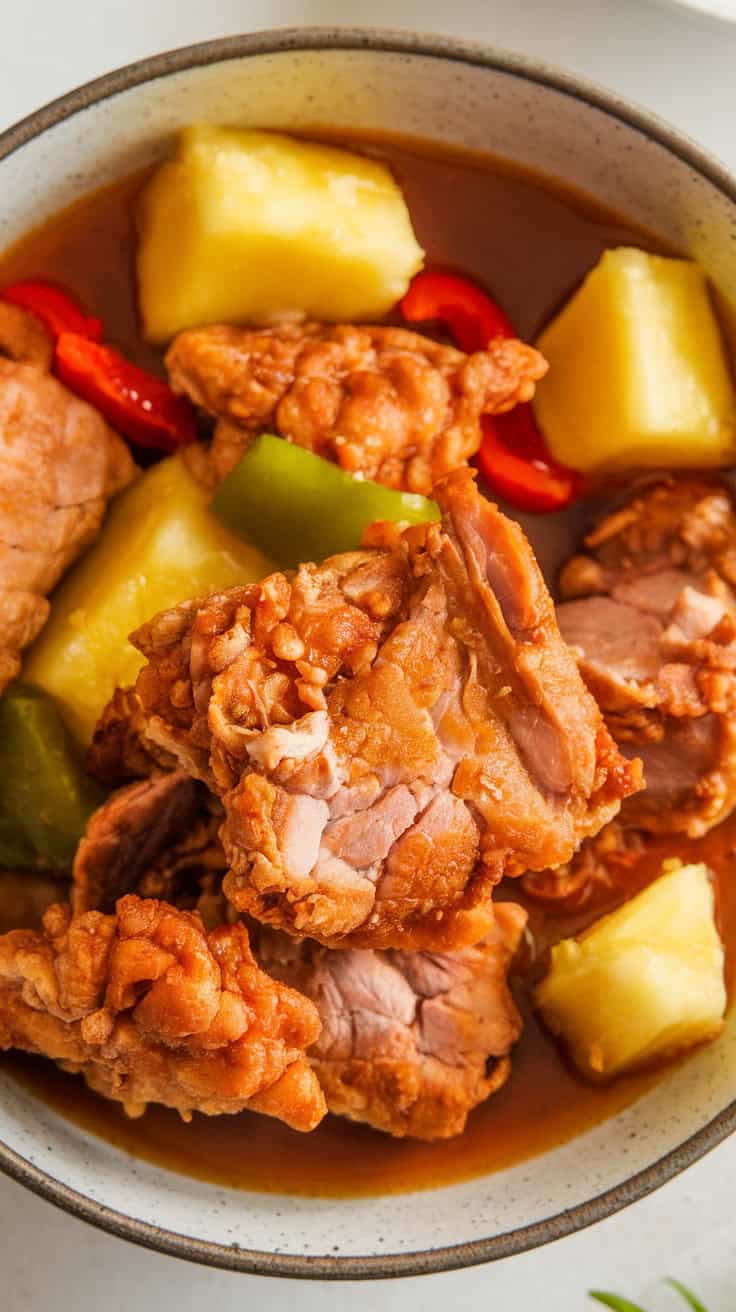 Bowl of air fryer sweet and sour pork with pineapple, red and green bell peppers.