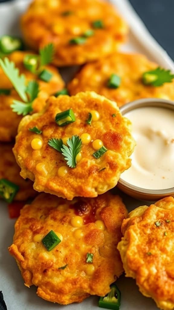 Golden air fryer sweet corn fritters on a plate with a dipping sauce