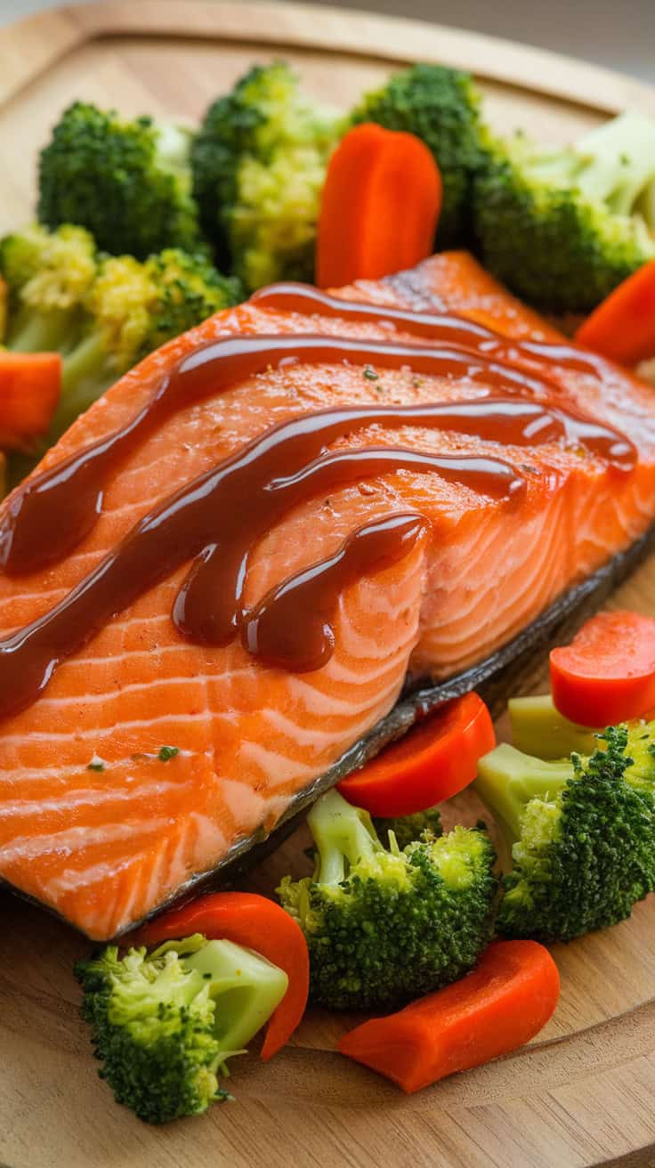 Air fryer teriyaki salmon fillet garnished with teriyaki sauce, surrounded by broccoli and red bell pepper slices.