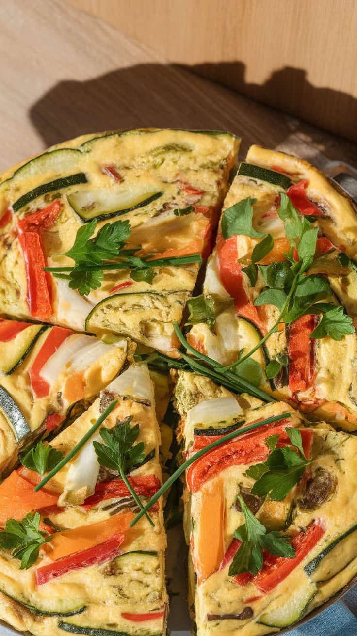 A sliced vegetable frittata on a wooden surface, garnished with fresh herbs.