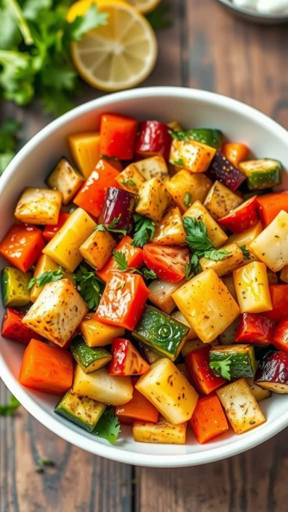 Colorful vegetable medley in a white bowl with herbs and lemon slices