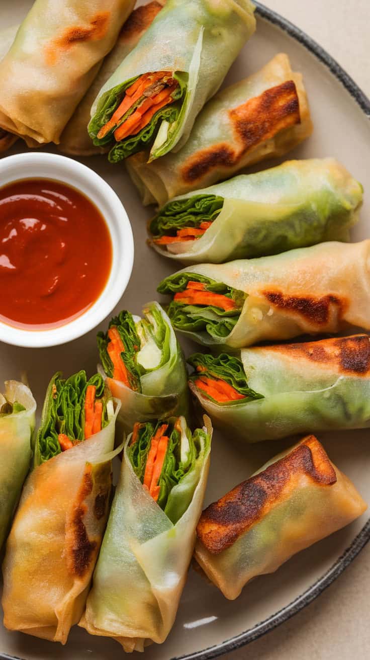 Plate of crispy vegetable spring rolls served with dipping sauce