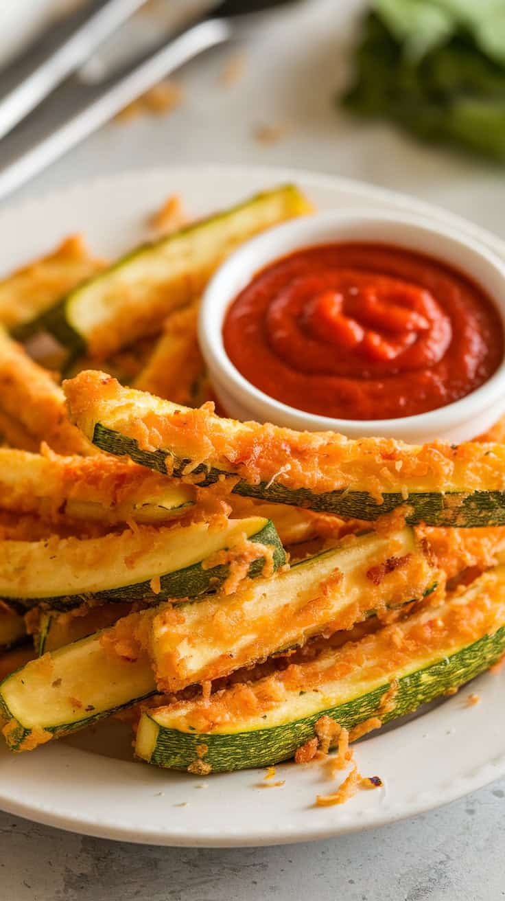 A plate of crispy air fryer zucchini fries served with marinara sauce