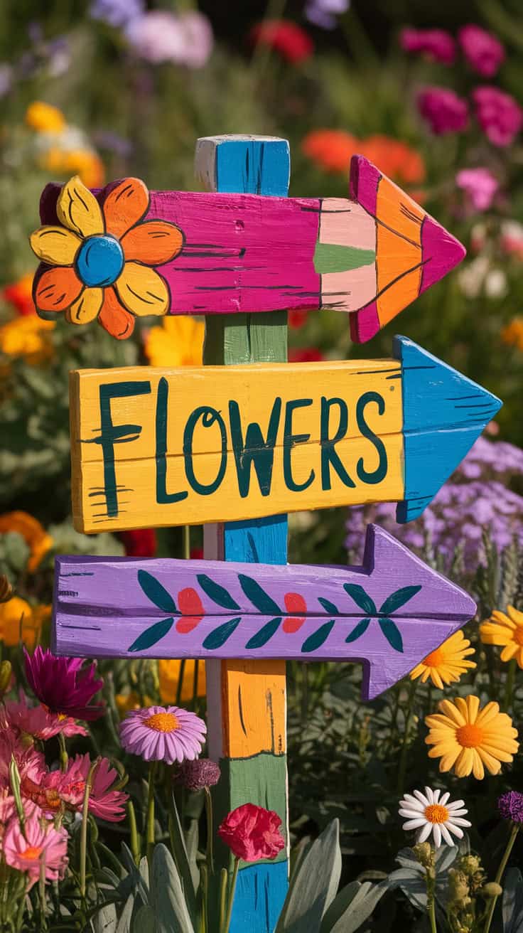 Artistic garden signage with signs pointing to Flower Field, Tropical Hut, and Fountain Garden.