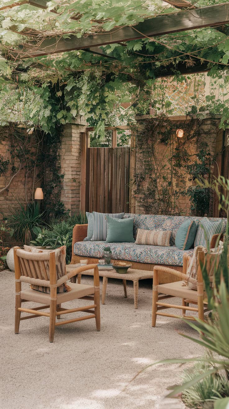 Cozy outdoor seating area with bohemian style furniture, surrounded by greenery.