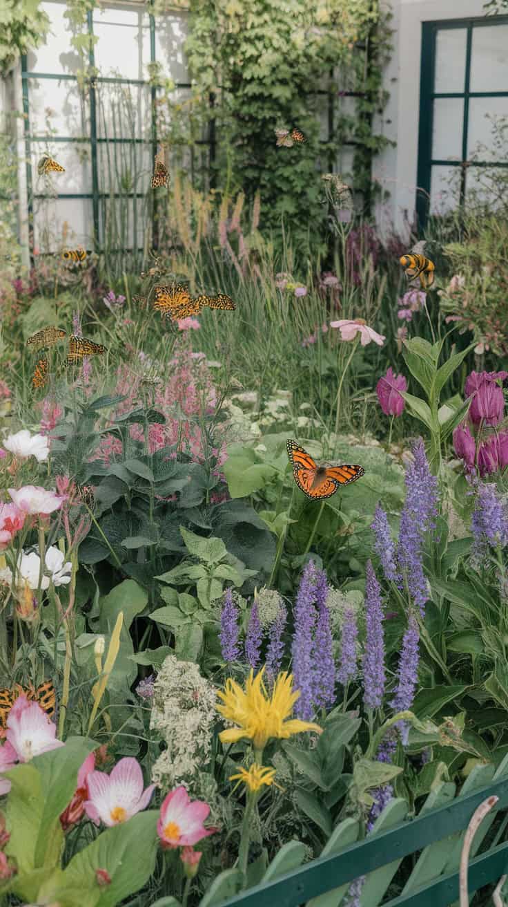 A colorful garden filled with various flowers and butterflies.