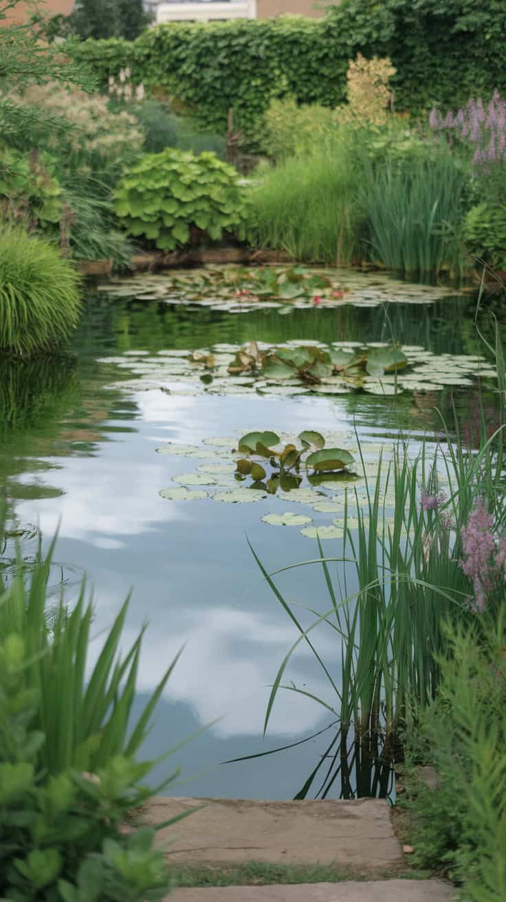 A tranquil garden pond with water lilies surrounded by lush greenery