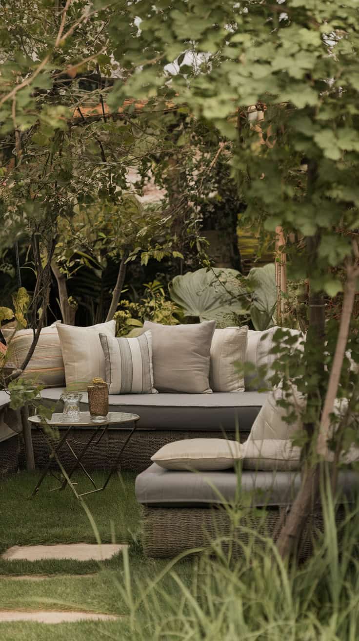 A cozy outdoor reading nook with cushions and a wooden ladder surrounded by greenery.