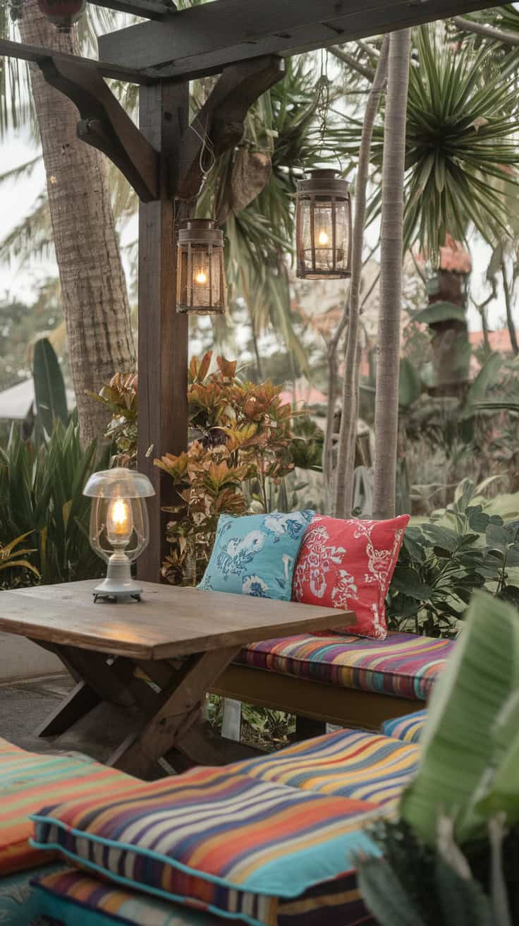 A cozy outdoor seating area with colorful cushions, a wooden table, and hanging lanterns surrounded by lush greenery.