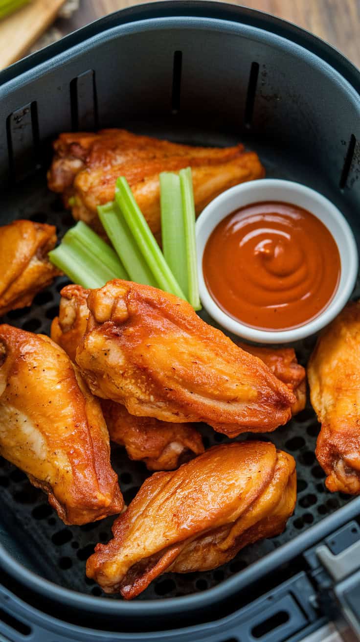 Crispy air fryer chicken wings with celery sticks and dipping sauce