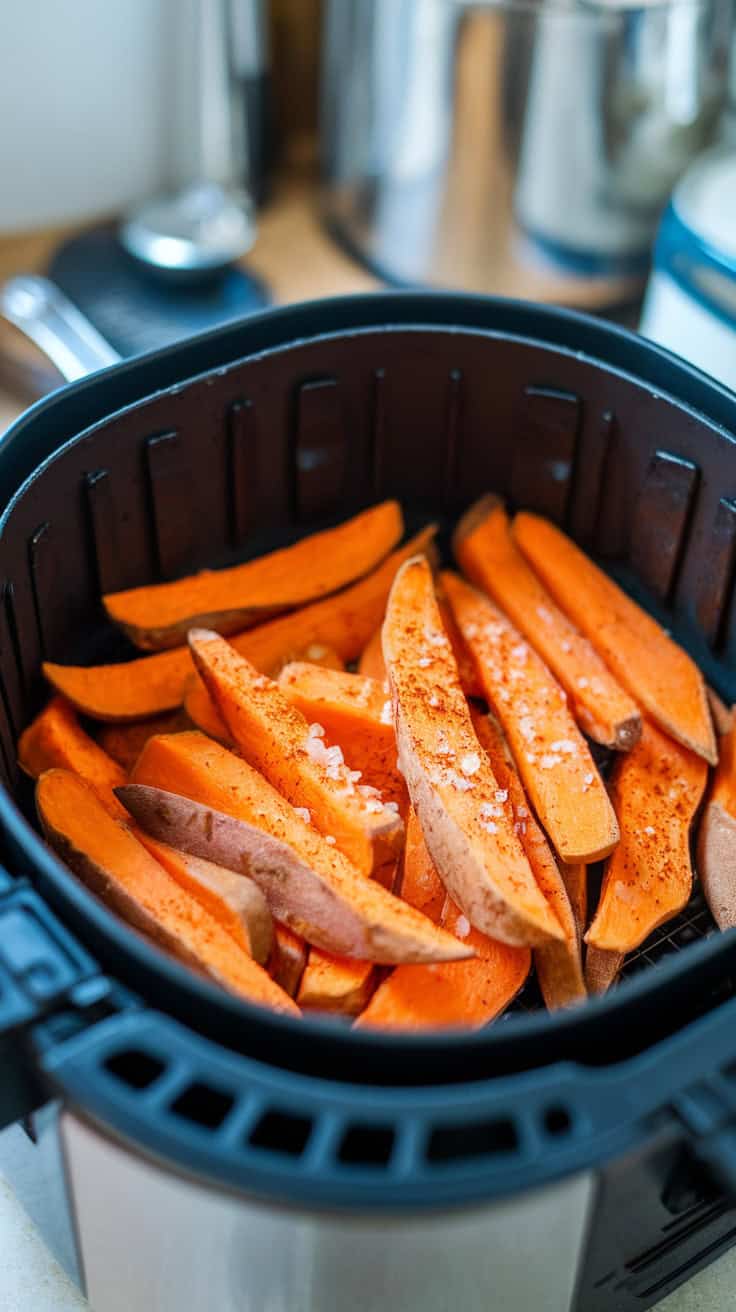 Air fryer filled with seasoned sweet potato wedges ready to be cooked.