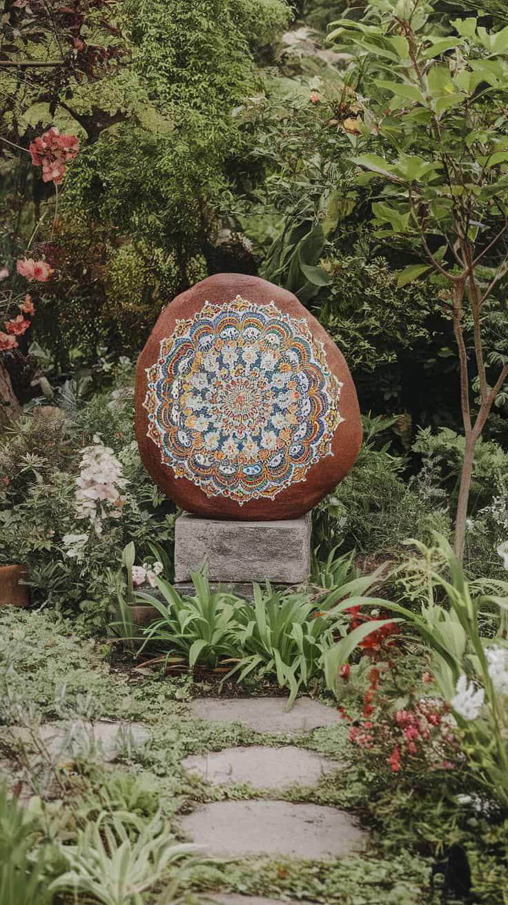 A beautifully painted round stone with a mandala design, surrounded by greenery in a garden.