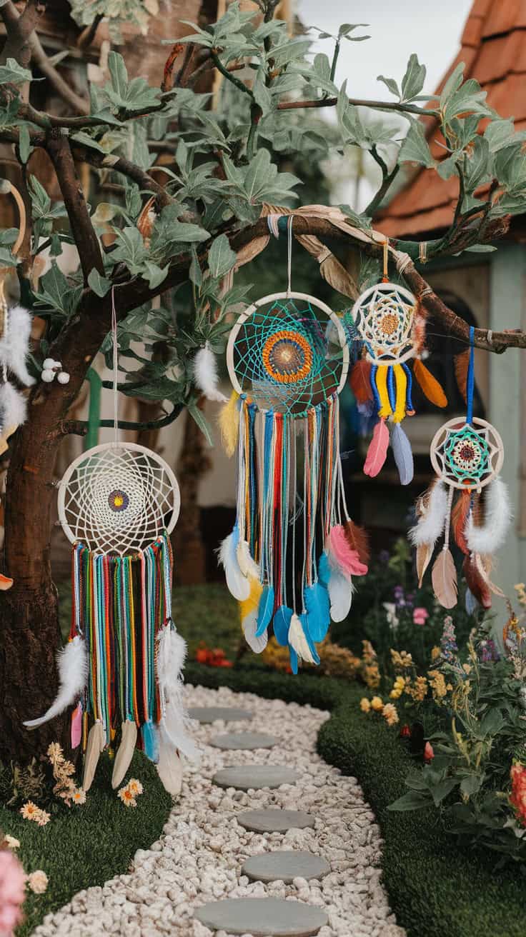 Colorful dreamcatchers hanging from a tree in a garden