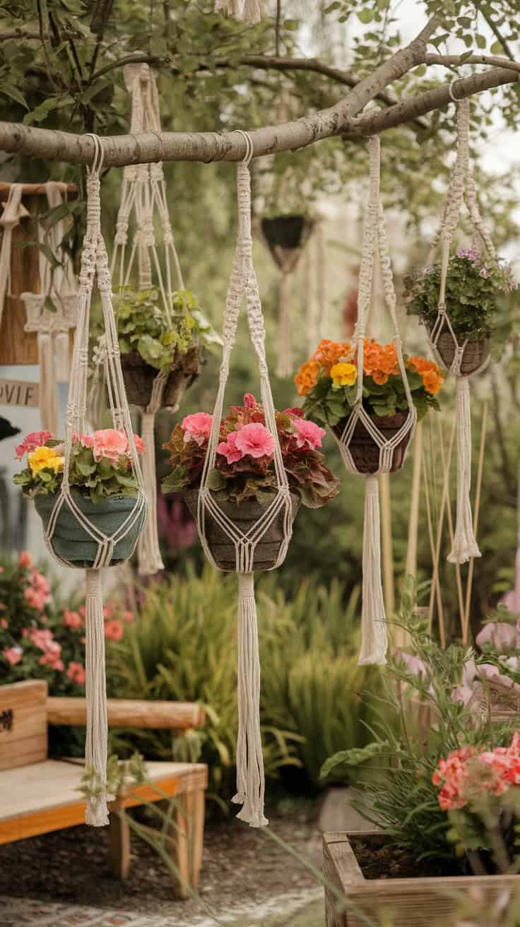 Hanging macrame planters filled with colorful flowers in an outdoor garden setting.