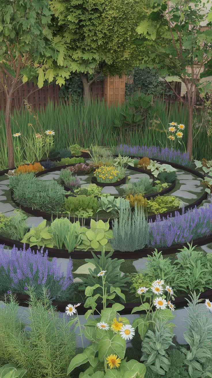 A beautiful herb spiral garden designed with various herbs and surrounded by stones.