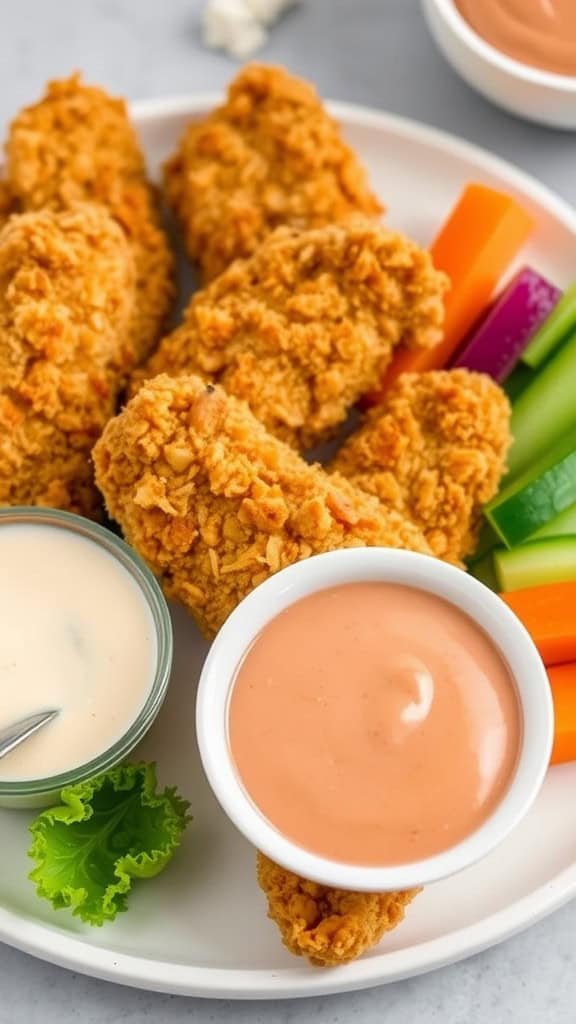 Crispy herbed air fryer chicken tenders with dips and fresh vegetables on a plate.