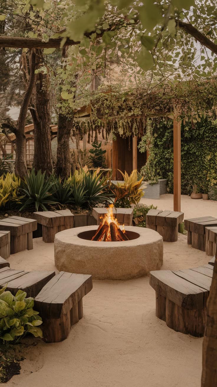 Natural stone fire pit surrounded by wooden benches in a sandy area with greenery.