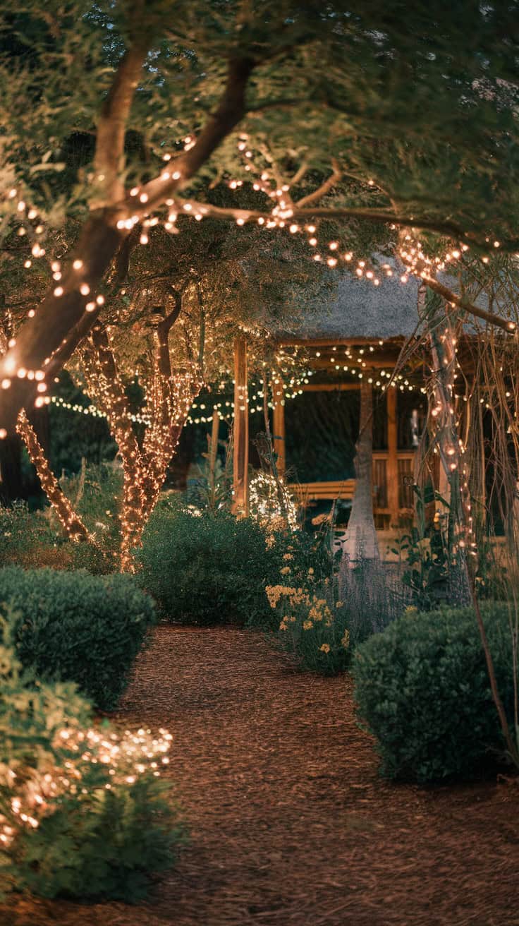 A beautifully lit garden path with fairy lights draped across trees, leading to a gazebo.