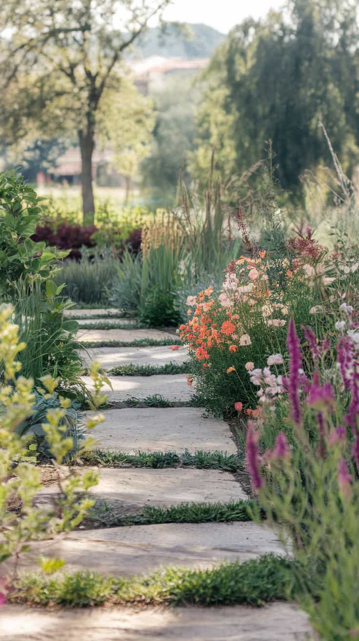 A beautiful stone pathway lined with flowers leading to a wooden gate.