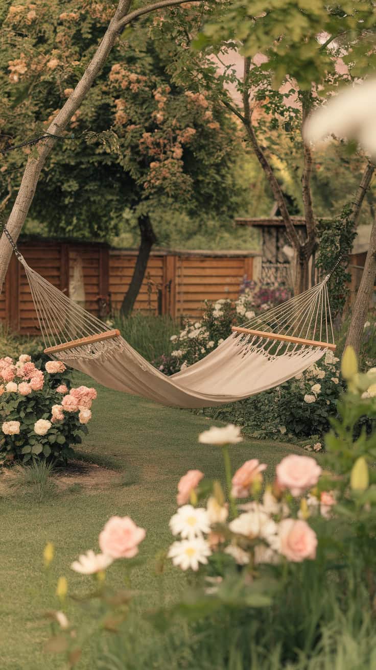 A serene garden with a hammock hanging between trees, surrounded by blooming flowers.