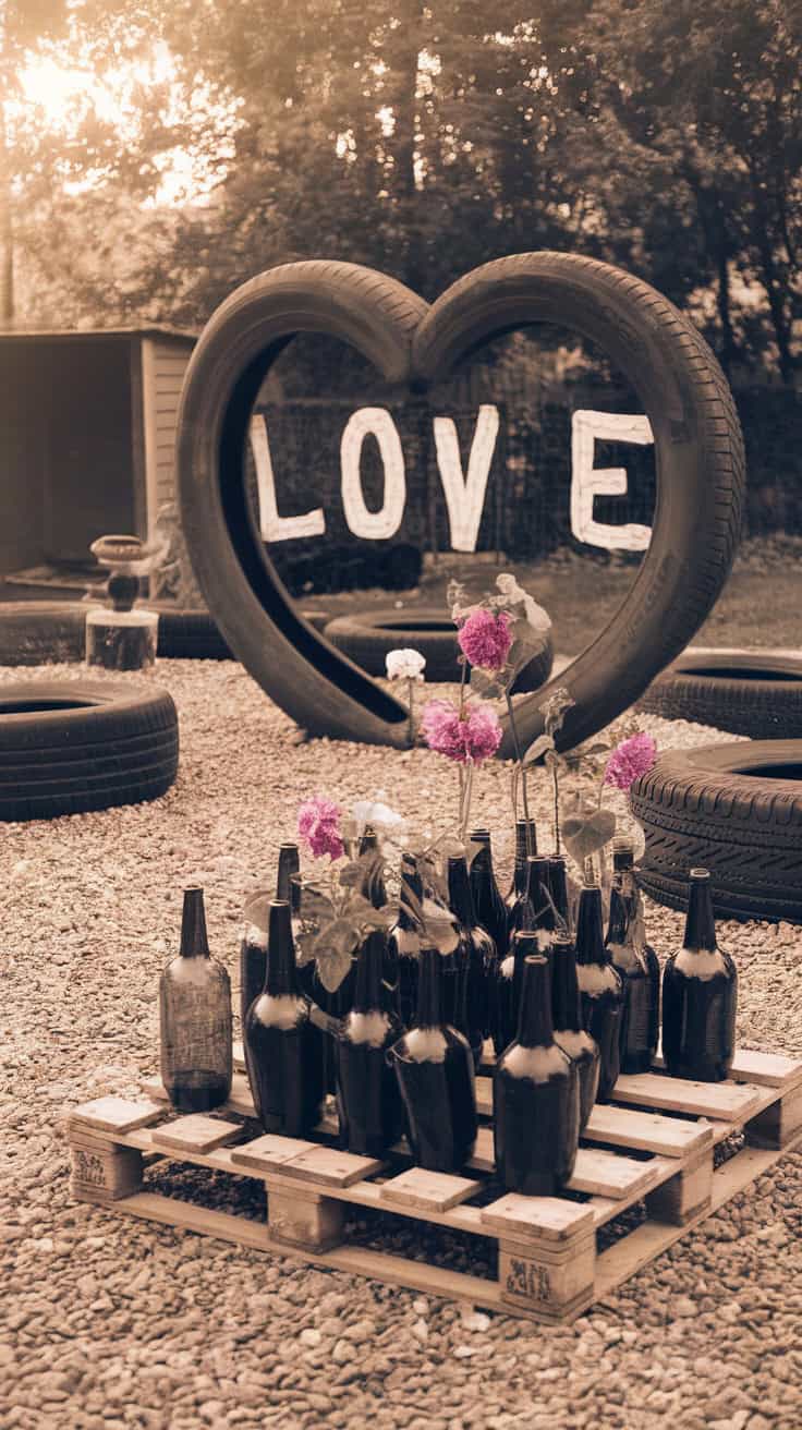 A heart-shaped decoration made from tires with the word 'LOVE' and a display of flowers in recycled bottles.